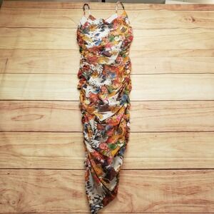 Black Bead Dress Womens Large Multicolor Floral Renaissance Ruched Mesh Midi